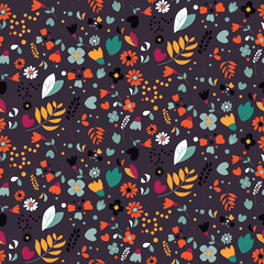 Bohemian hand drawn flowers, seamless pattern, vector illustration