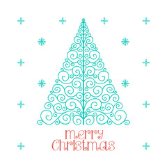 blue christmas tree and snowflakes on white background in vector