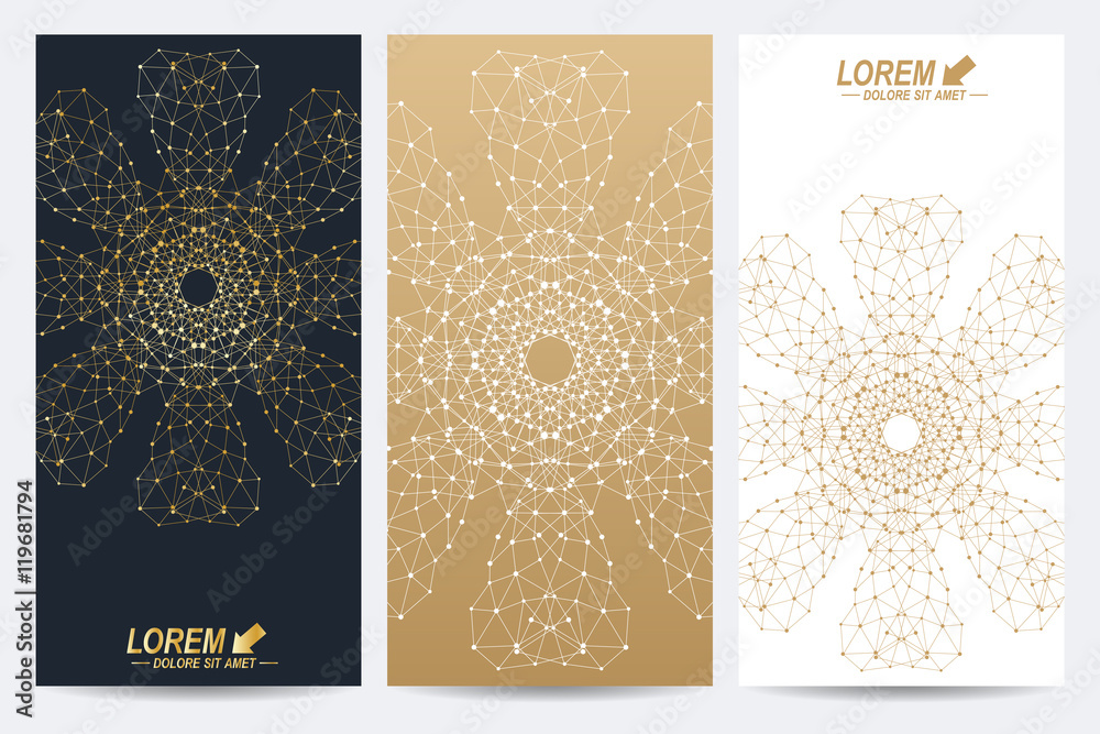 Aufkleber modern set of vector flyers. geometric abstract presentation with golden mandala. molecule and commu