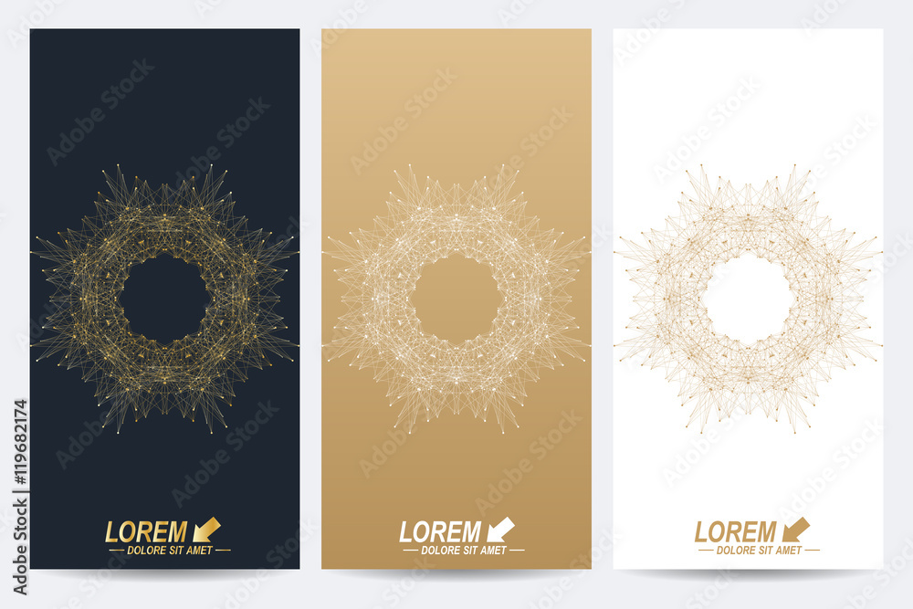 Aufkleber modern set of vector flyers. geometric abstract presentation with golden mandala. molecule and commu