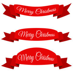 Red Merry Christmas banner. Set of ribbons with text