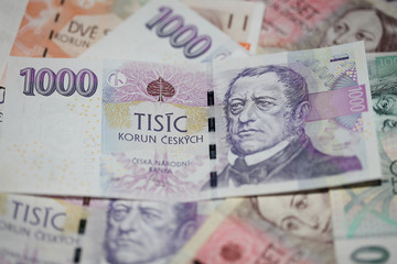 czech money, czech crown, Various bills as background