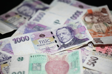 czech money, czech crown, Various bills as background