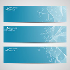 Abstract geometric banners molecule and communication. Science and technology design, structure DNA, chemistry, medical background, business and website