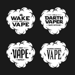 Vape related t-shirt vintage designs set. Quotes about vaping. Vector illustration.