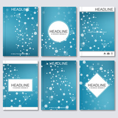 Naklejka na ściany i meble Science vector background. Modern vector templates for brochure, flyer, cover magazine or report in A4 size. Molecule structure and communication on the blue background.