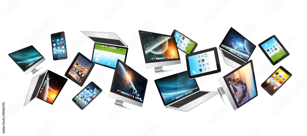 Aufkleber numerous tech devices flying ‘3d rendering’