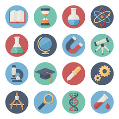 Vector illustration. Flat icon set. Scientific and education tools, school, College, University in simple design. Icon size 256