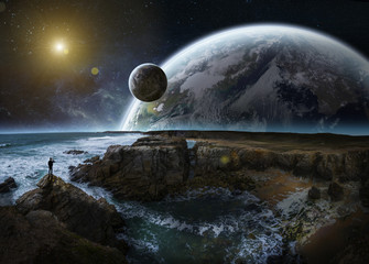Fototapeta premium View of distant planet system from cliffs 3D rendering elements