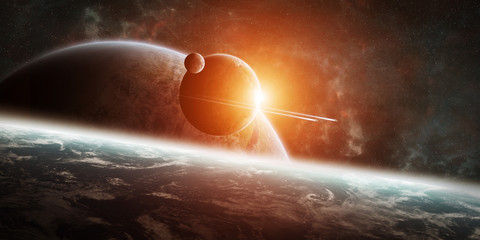 Sunrise over distant planet system in space 3D rendering element - obrazy, fototapety, plakaty