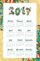 Big wall monthly calendar for New Year. Decorative vintage ornamental hand drawn backdrop. Raster illustration.