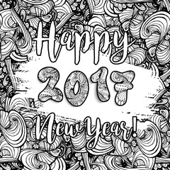 Happy New Year 2017 hand drawn celebration background. Xmas doodles. Vector illustration