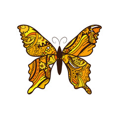 Fototapeta na wymiar Doodle stylized yellow Butterfly. Hand Drawn vector illustration isolated on white background.