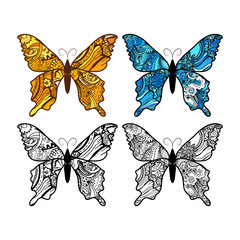 Doodle stylized Butterfly set, black and colorful.