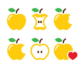 Yellow apple, apple core, bitten, half vector icons