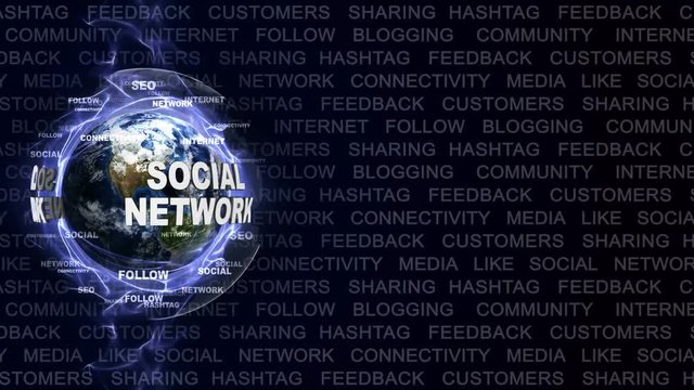 SOCIAL NETWORK Text Animation and Earth, with Keywords, Loop, 4k
