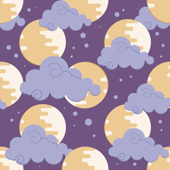 Moon in clouds pattern for chinese mid autumn festival. Children's room decoration seamless pattern. Vector illustration for textile, print, wallpaper.