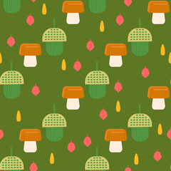 Acorn pattern with mushrooms. Vector background for web, print, textile.