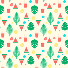 Tropical cocktail seamless pattern with palm leaves, watermelon and lemons.Vector natural background design for web, print, textile, fabric and wrapping.