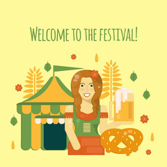 Oktoberfest poster with beer, pretzel, tent and waitress. Octoberfest vector illustration in flat style for festive banners, advertisement and web.