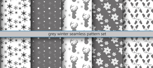 Grey winter seamless pattern set
