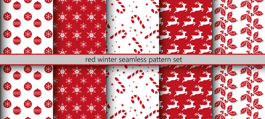 Obraz premium Red winter seamless pattern set