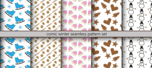 Comic winter seamless pattern set