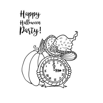 Coloring Book Page Design With Witch Accessories For Happy Halloween Holiday