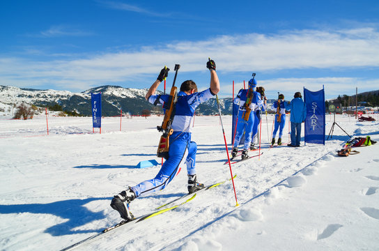 ski biathlon athletes in start line waiting, Metsovo Ioannina Greece