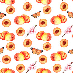 Hand-drawn watercolor seamless pattern with orange apricots, butterflies and flowers. Repeated background