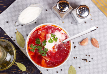 Borsch. Traditional Russian and Ukrainian vegetable soup. Top vi