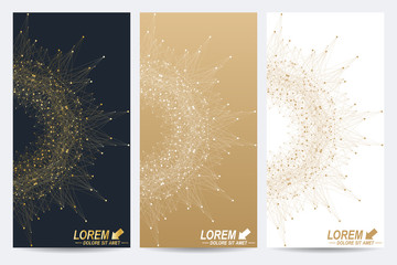 Modern set of vector flyers. Geometric abstract presentation with golden mandala. Molecule and communication background for medicine, science, technology, chemistry.