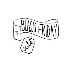 Black friday hand drawn type on the doodle style ribbon and sale badge. Isolated vector