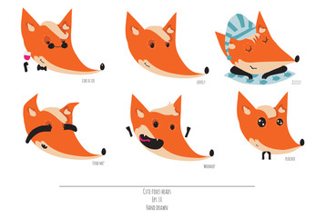 Cute vector set of playful foxes heads with various emotions. Sleepy, woohoo, hiding, please, like a sir, Hand drawn cute illustration isolated on white background.