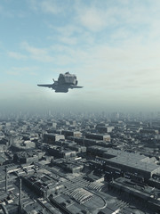 Fototapeta na wymiar Future City Spaceship Overflight - science fiction illustration