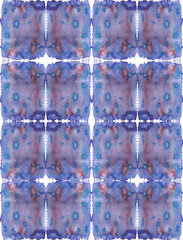 Seamless pattern with blue and purple tie-dye tiles painted in watercolor on white isolated background