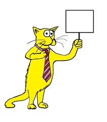 INSERT YOUR OWN TEXT.  Illustration of a cat wearing a necktie holding a blank sign.