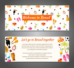 Naklejka premium A banner with the famous Brazilian symbols, characters and space for text. Vector illustration. Template with South America icons in flat style.