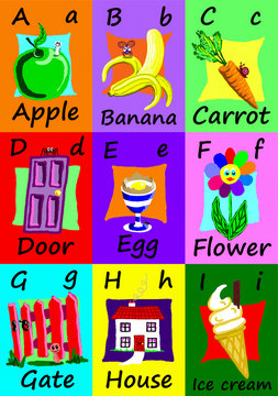 Alphabet Flash Cards A-I. Naive Illustrations.