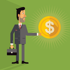 Smiling successful business man holding a coin with a dollar sign. Vector illustration in flat design style on green background.