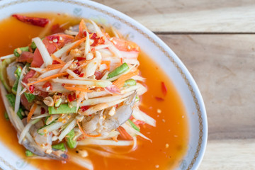 Selective focus famous Thai food, papaya salad with fresh shrimp or what we called 