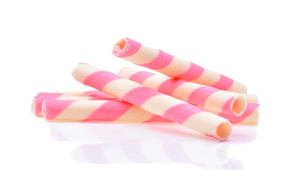 pink stripe wafer rolls isolated on white Background