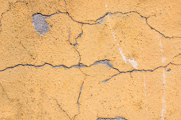 Hintergrund gelbe verputzte Mauer mit Rissen