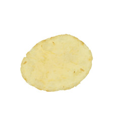 Single potato chip on white background.