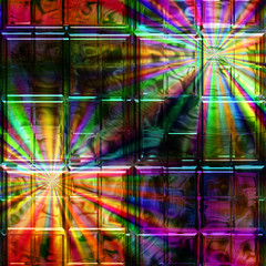 Abstract background of glass squares with spectral rays. Dark stained window with colorful rays