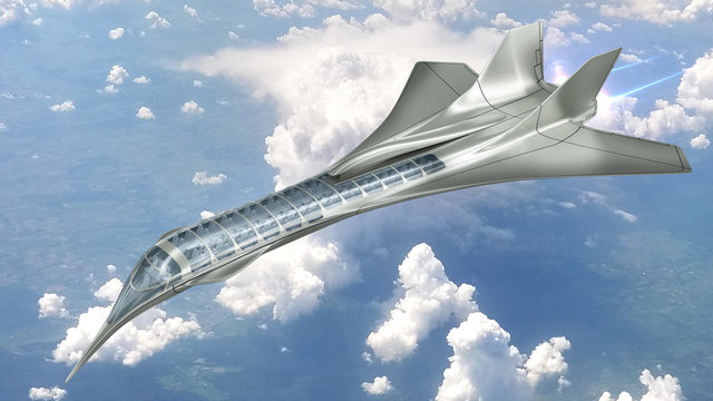 
3D Rendering of a futuristic airplane flying above clouds, for science fiction or military aircraft backgrounds.