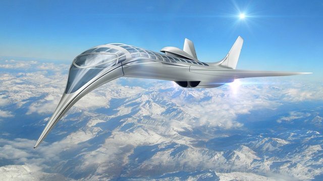 3D Rendering of a futuristic airplane flying above clouds, for science fiction or military aircraft backgrounds.