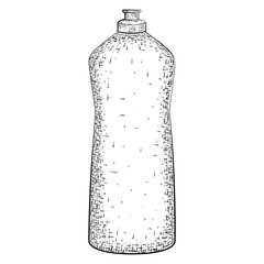 Hand drawn bottle or tube. Container for product for housekeeping and hygiene. Detailed sketch of container isolated on white background.  Black and white pencil or ink drawing