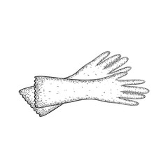 Hand drawn product for housekeeping. Detailed sketch of gloves for cleaning isolated on white background.  Black and white pencil or ink drawing