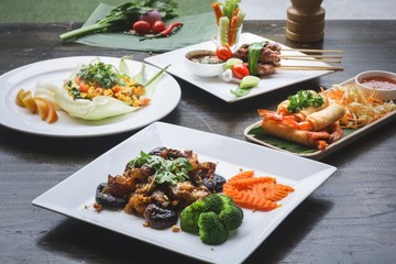 Asian appetizer set on table.